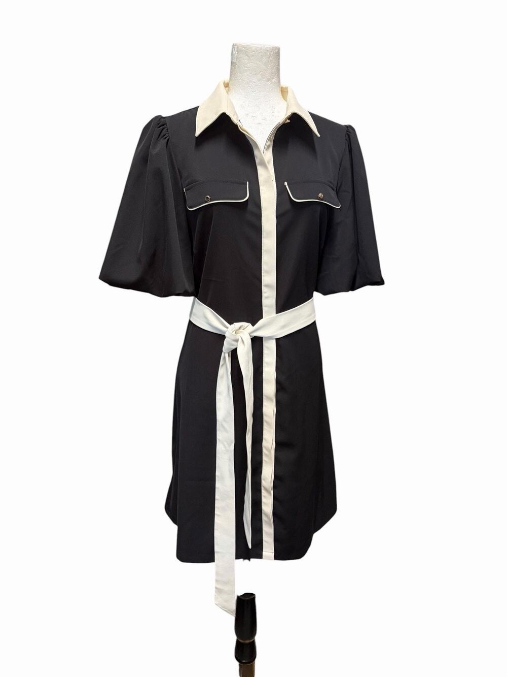 NWOT Karen Millen Belted Twill Dress Black Cream Piping Puff Sleeve US 12 - Picture 1 of 5